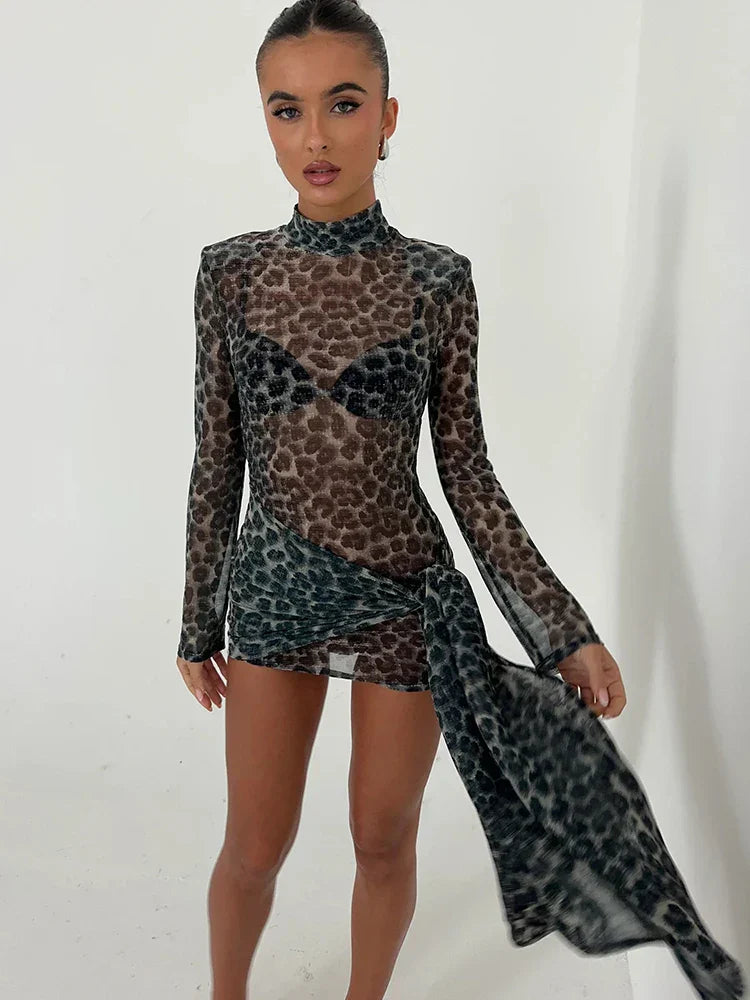 Sexy Sheer Print Leopard Bandage Women Dress Long Sleeve Mini Dress Lady Spring Slim Elegant Party Club Dress