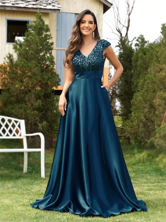Elegant Pleated Splicing Cover sleeve  With Pockets Sequins Evening Dresses Long Luxury Women Satin Wedding Party Cocktail Gowns