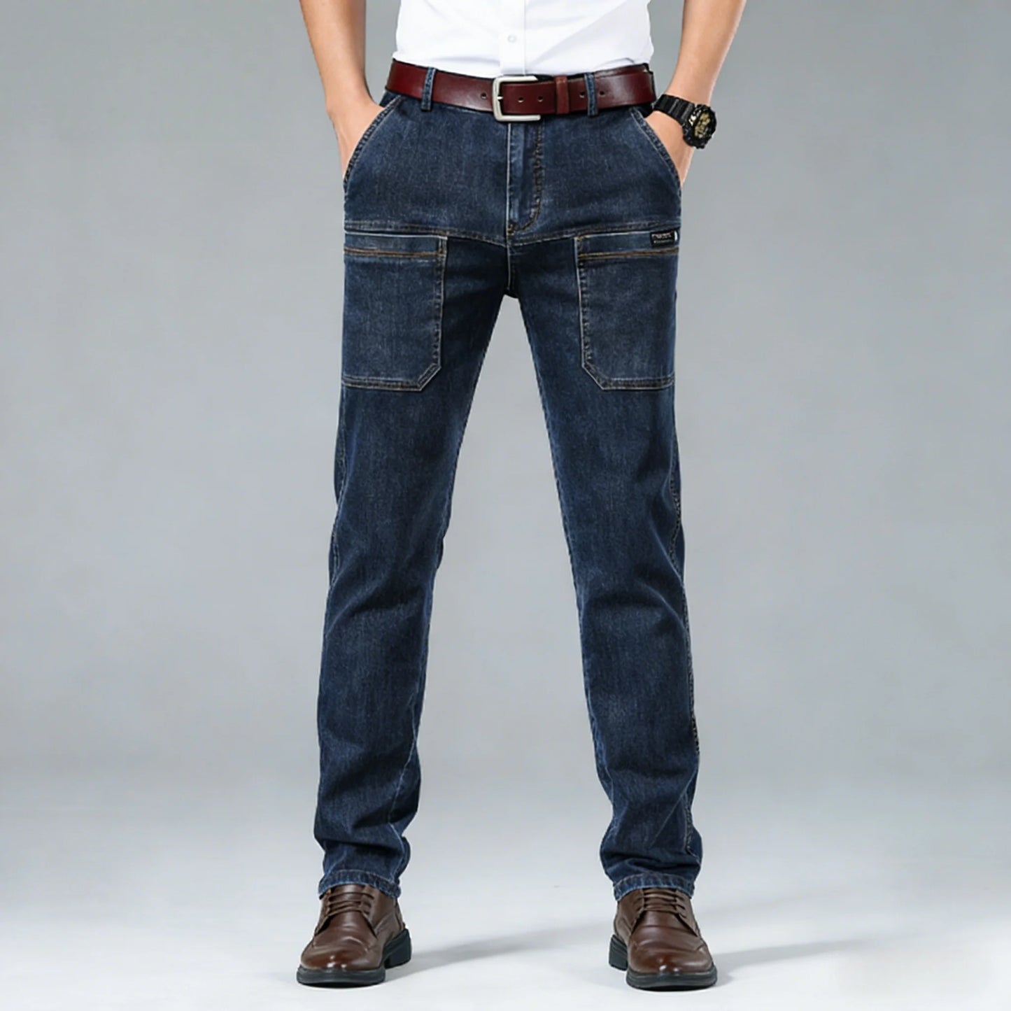 Men's retro workwear jeans, slim fit straight leg with multiple pockets, micro elastic versatile casual pants