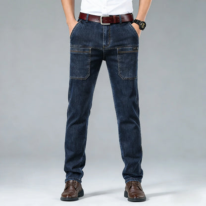 Men's retro workwear jeans, slim fit straight leg with multiple pockets, micro elastic versatile casual pants