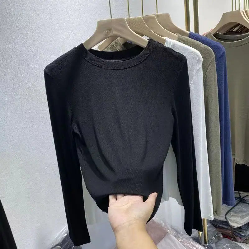 Outono Escritório Senhora Básica Gola Redonda Slim T-Shirt Feminina Cor Sólida Multicor Tendência Versátil Casual Top Manga Longa Elástico Canelado