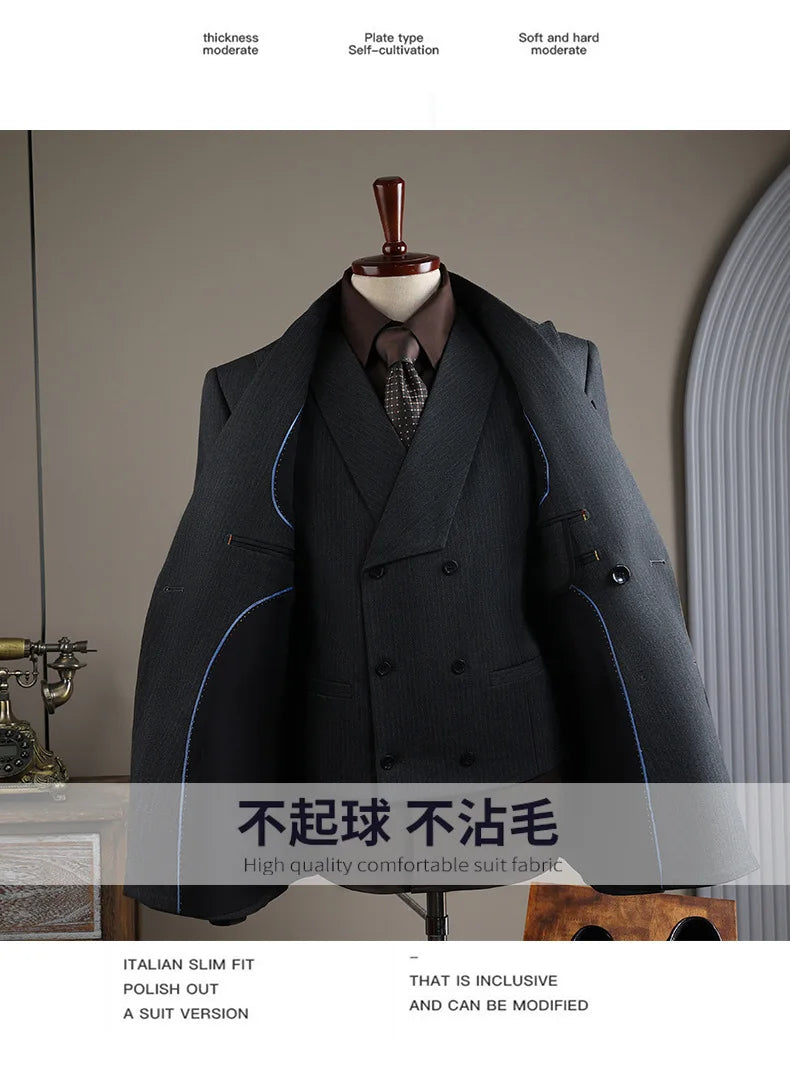 Terno Masculino de Alta Qualidade Formal Social Slim Fit Abotoamento Duplo Listrado Conjunto de Terno Noivo Casamento Roupa de Festa Smoking Roupa Masculina