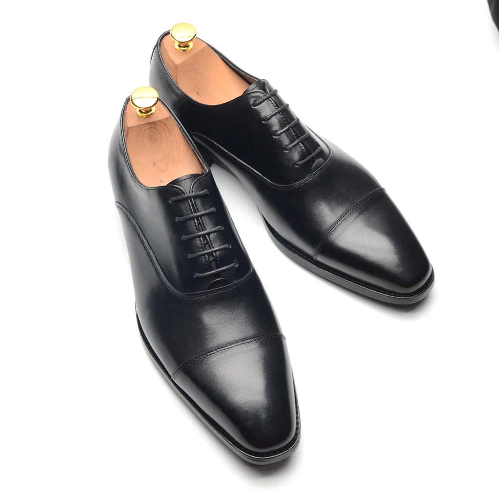 Classic Cowhide Genuine Leather Mens Dress Shoes Black Brown Cap Toe Lace-Up Oxford Company Business Office Formal Shoes for Men