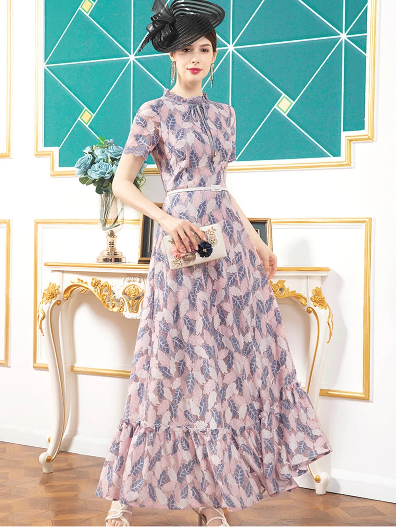 Vintage Short Sleeve Lace Hollow Out Dress For Women Summer Slim Elegant Long Dress Female Clothing Evening Party Dress