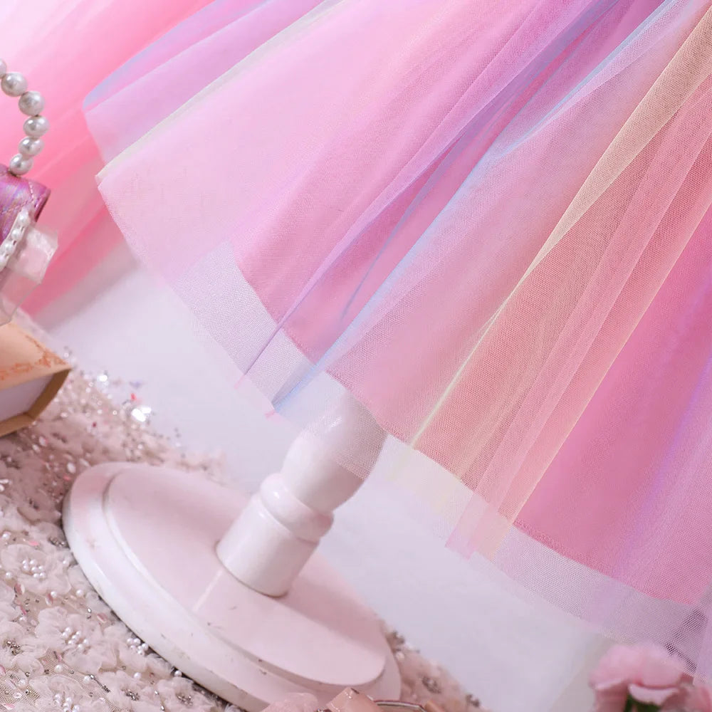 Vestido Regata Sereia Gradiente Arco-Íris para Meninas Pequenas - Saia de Tule Furta-Cor, Vestido Princesa para Festa de Primavera e Verão