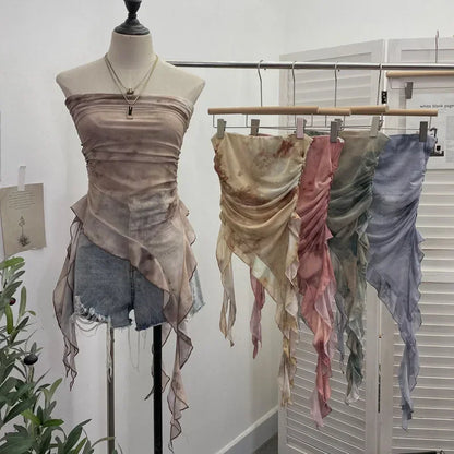 Tie Dye Summer Tops for Women Y2K Strapless Sleeveless Asymmetrical Ruffle Fishtail Ruched Stretch Mesh Vintage Clothes