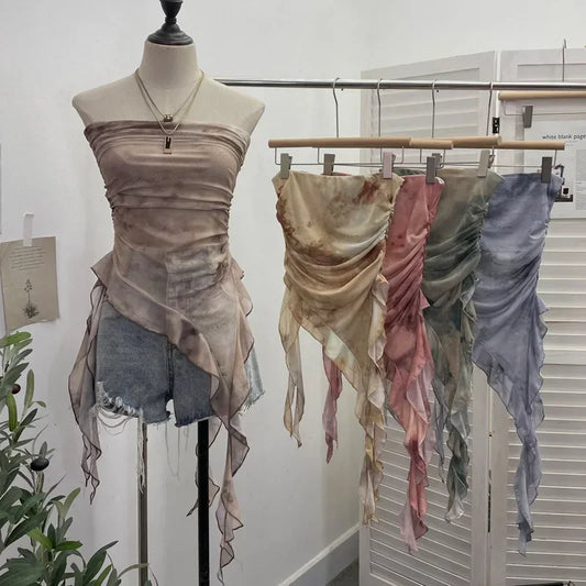 Tie Dye Summer Tops for Women Y2K Strapless Sleeveless Asymmetrical Ruffle Fishtail Ruched Stretch Mesh Vintage Clothes