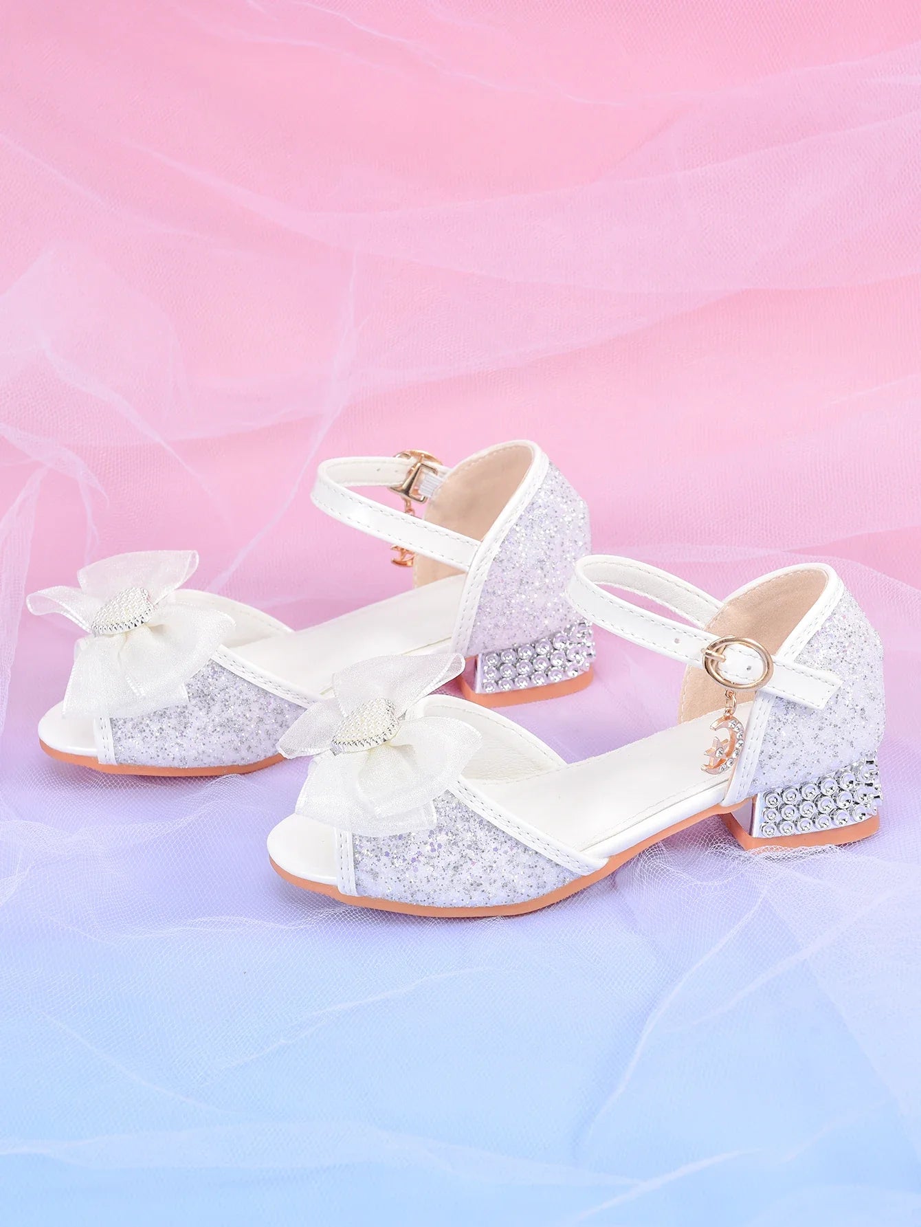 Girls' Crystal Heel Bowknot Dress Sandals, White Sparkly Princess Party Shoes For Children