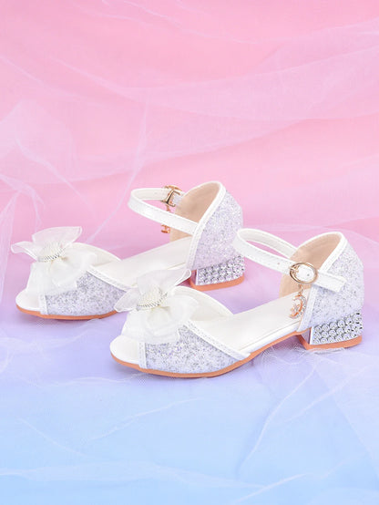 Girls' Crystal Heel Bowknot Dress Sandals, White Sparkly Princess Party Shoes For Children