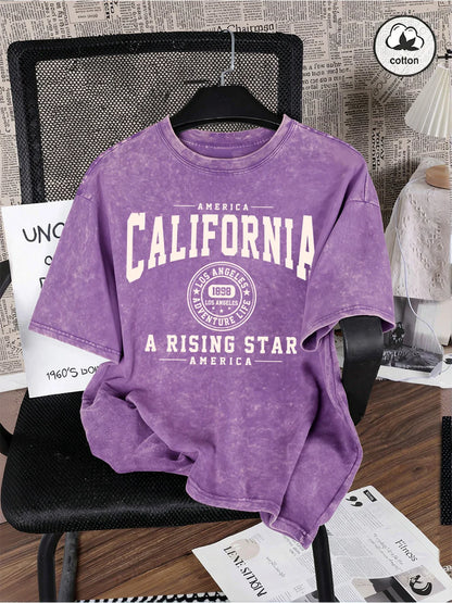 America California Printed Washed T-Shirt Mens Cotton Oversized T Shirt Casual O-Neck Short Sleeve Tops Summer Basic Male Tees