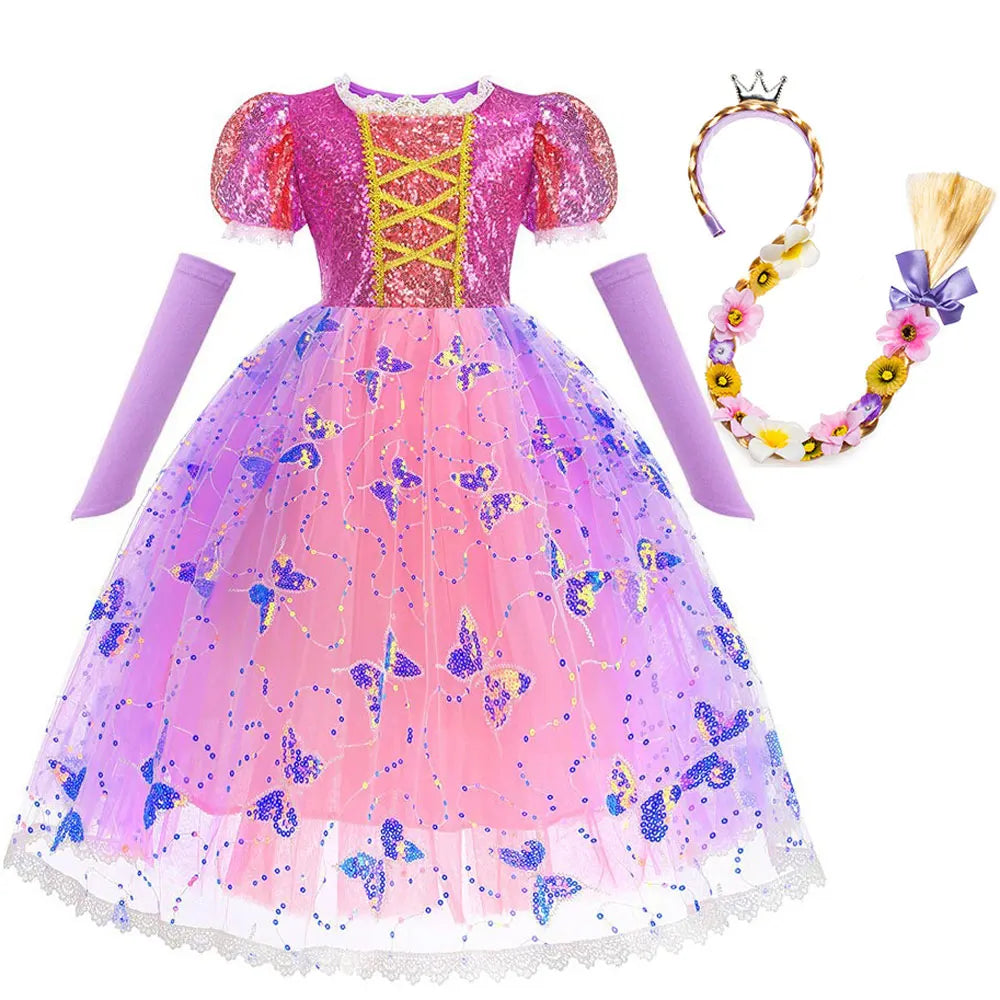 Short Sleeve Purple Puffy Dress + Accessories Girls Cosplay Rapunzel Summer Casual Dress Birthday Party Gift