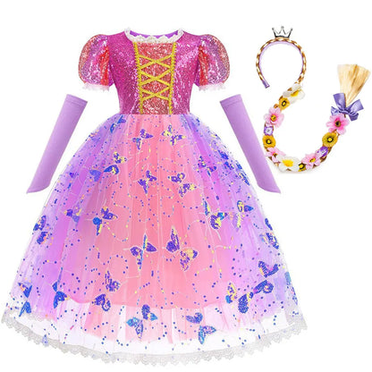 Short Sleeve Purple Puffy Dress + Accessories Girls Cosplay Rapunzel Summer Casual Dress Birthday Party Gift