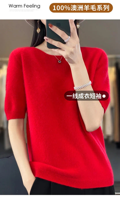 100% pure wool T-shirt spring and summer new women's O-neck pullover short sleeve loose five-sleeve sweater high-end top