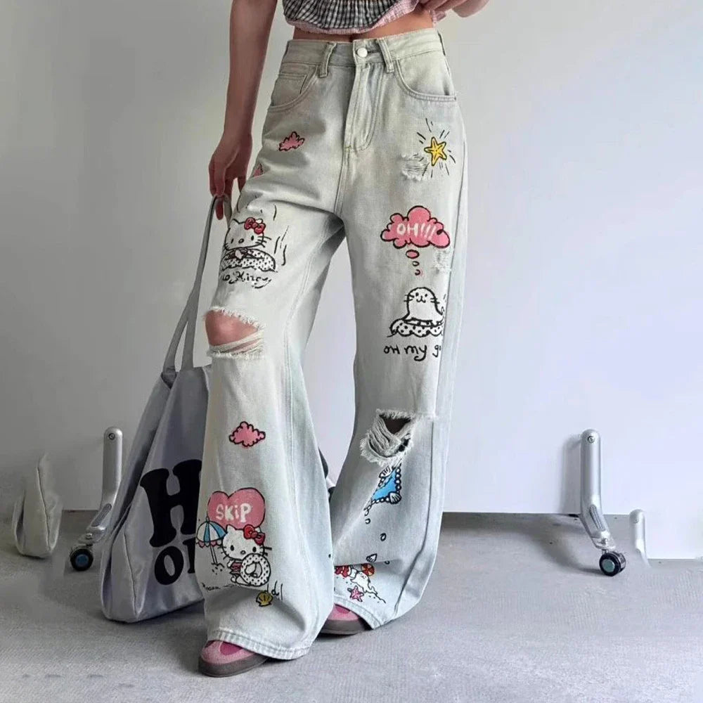 American Style Y2K Hello Kitty Denim Pants Sanrios Anime Girls Jeans Kawaii New Women Summer Cat Embroidered Slim Straight Pants