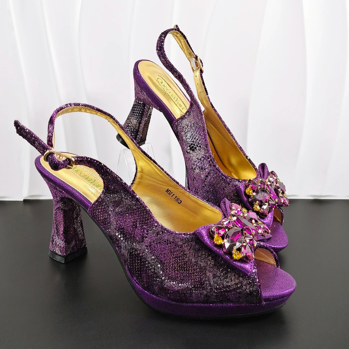 INS Purple Rhinestone-Embellished and Colorful Striped Design Party Wedding Peep Toe Bigger Size Ladies High Heels and Bag Set