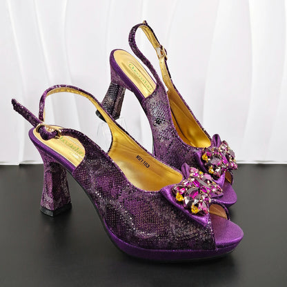 INS Purple Rhinestone-Embellished and Colorful Striped Design Party Wedding Peep Toe Bigger Size Ladies High Heels and Bag Set