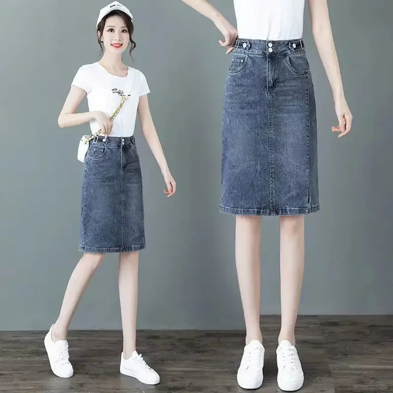 Chubby High Waist Female Jeans Skirts Blue Women's Denim Skirt with Pocket Midi To Knees Length 2025 Trend New in Y2k Vintage V