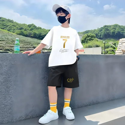 Children Short-sleeved T-shirt+Shorts black Boys Girls Toddler 3-12Yrs Sports Set Football Player No. 7 Summe cool Clothing