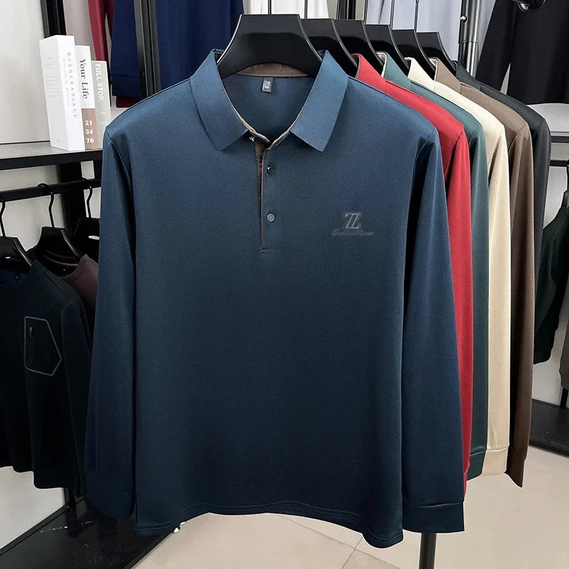 Men's High End Brand Print Solid Color Lapel Polo Shirt Autumn New Skin Friendly Long Sleeved T-shirt Fashion Versatile Menswear