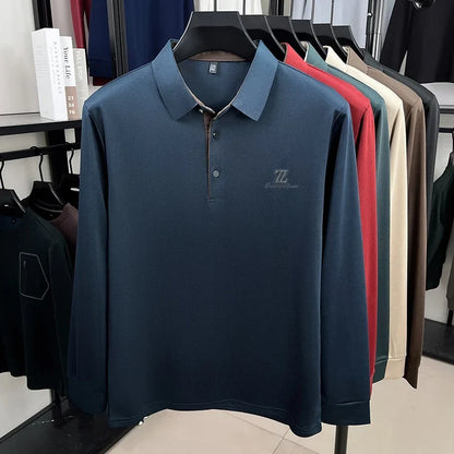 Men's High End Brand Print Solid Color Lapel Polo Shirt Autumn New Skin Friendly Long Sleeved T-shirt Fashion Versatile Menswear