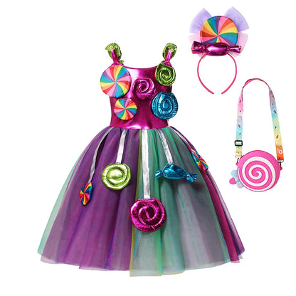 Rainbow Lollipop Girls Dress Sweet Purim Festival Celebrate Costume Fancy Carnival Children Vestidos Princess Cosplay Outfits