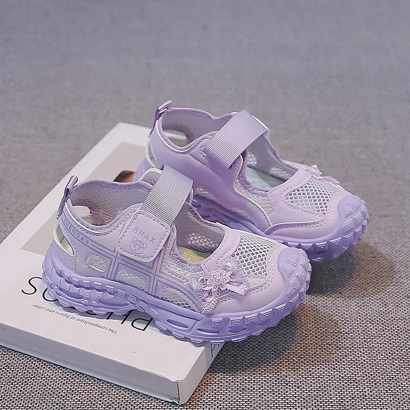 2026 summer new girls' bow mesh toe sandals soft and casual beach sandals children's outdoor walking non slip flat shoes