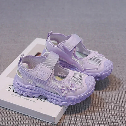 2026 summer new girls' bow mesh toe sandals soft and casual beach sandals children's outdoor walking non slip flat shoes