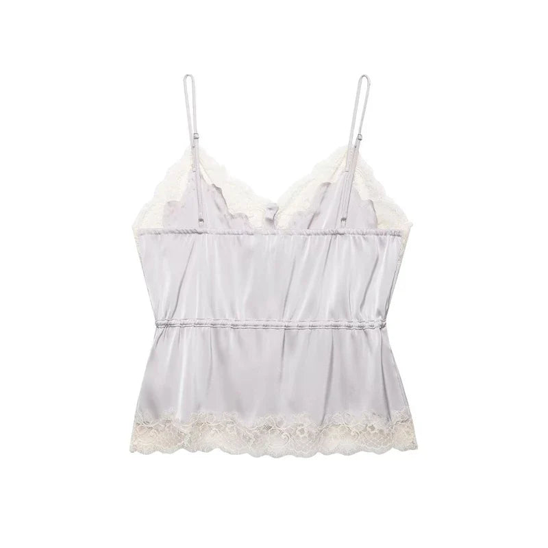 Women's Top 2026 New Spring Summer Lace Decoration Satin Textured Top for Women Chic Personality Female Spaghetti Strap Top