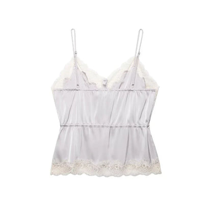 Women's Top 2026 New Spring Summer Lace Decoration Satin Textured Top for Women Chic Personality Female Spaghetti Strap Top