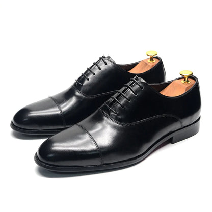Luxury Genuine Leather Mens Business Dress Shoes Black Cap Toe Lace-Up Oxfords Company Office Wedding Party Formal Shoes for Men