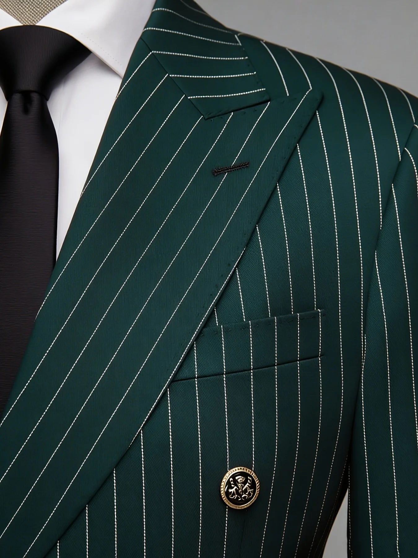 Men's Green Pinstripe Double Breasted Suit 2 Piece Slim Fit Formal Business Wedding Blazer Pants Set