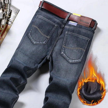 High Quality Winter Thermal Warm Flannel Jeans Men Famous Brand Fleece Denim Pants Straight Flocking Trousers Male Plus Size 40