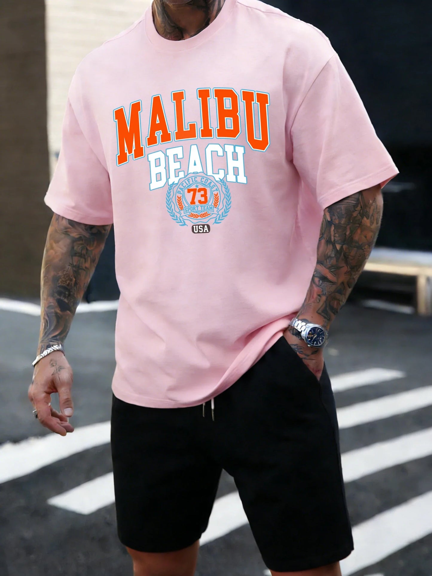 Malibu Beach 73 Usa Printing T-Shirt Mens Cotton T Shirts O-Neck Summer Basics Clothes Casual Trendy All-Match Short Sleeve