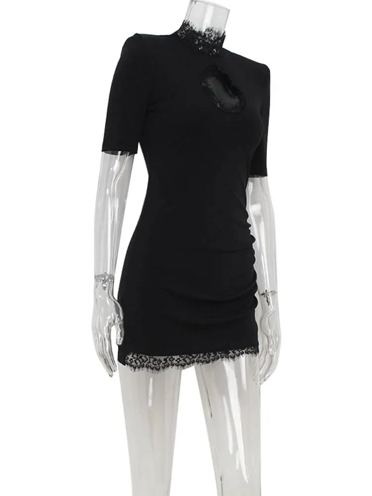 Sheath Women's Mini Dresses Solid Lace Turtleneck Slim Fit Bodycon Hollow Out Half Sleeves Streetwear Vestidos Robe