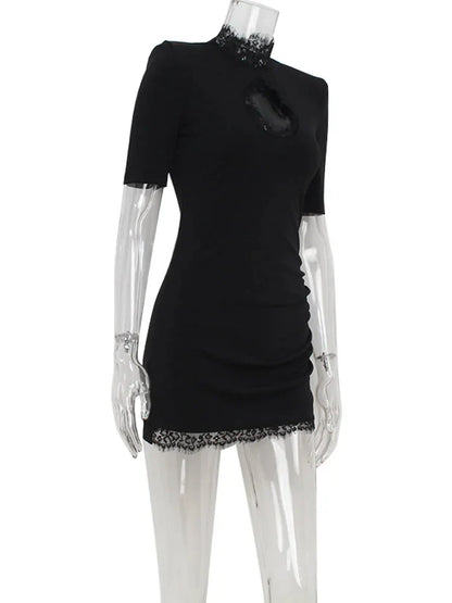 Sheath Women's Mini Dresses Solid Lace Turtleneck Slim Fit Bodycon Hollow Out Half Sleeves Streetwear Vestidos Robe