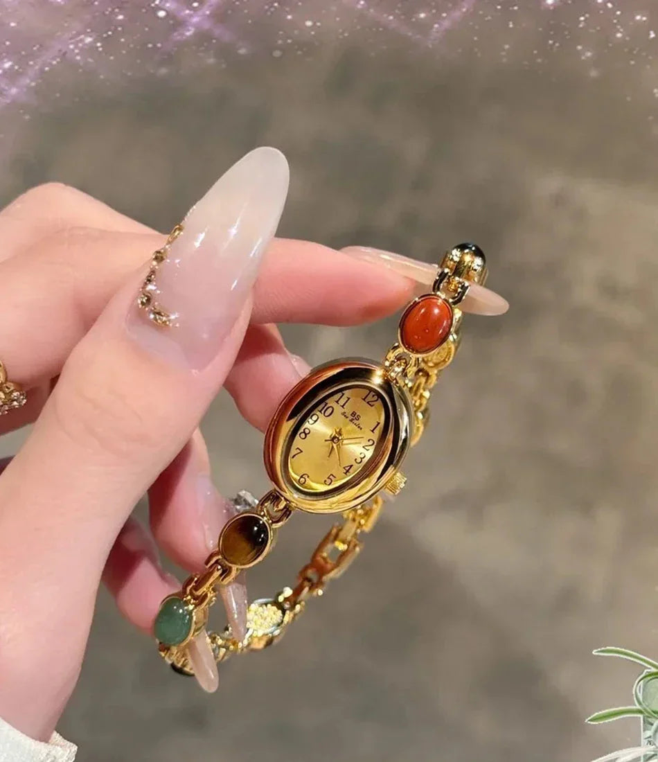 Luxury Vintage Quartz Women's Watches Fashion Natural Green Jade Bracelet Clock Numerals Small Oval Dial Watch Woman Accesories