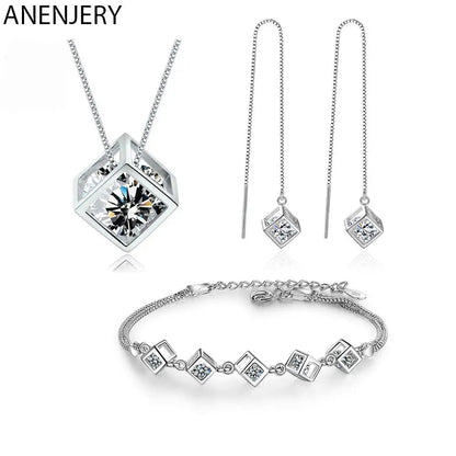 ANENJERY Silver Color Luxury Shiny Square Cube Necklace Earrings Bracelet For Women Gift Zircon Anniversary Gift