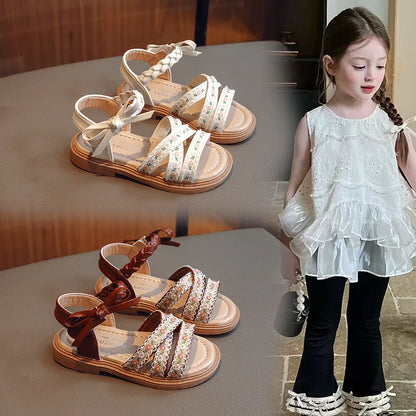 Summer Girls Sandals Fashion Embroider Flower Children Princess Shoes Open-toe Sweet Bowknot Kids Causal Flat Sandals Soft Soled