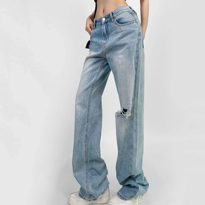 High‑Waist Straight‑Leg Distressed Jeans