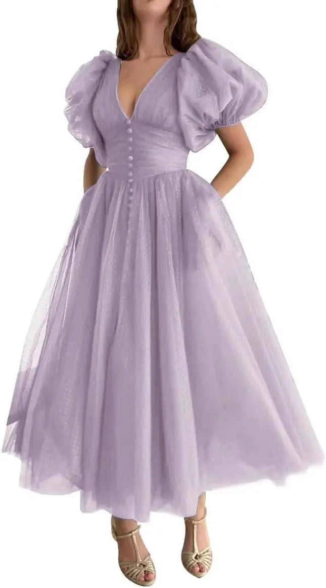 Puffy Sleeve Prom Dresses for Women Dotted Tulle V Neck Formal Evening Party Gowns Tea Length Formal Dress Women Elegant