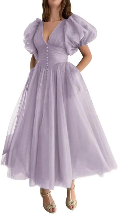 Puffy Sleeve Prom Dresses for Women Dotted Tulle V Neck Formal Evening Party Gowns Tea Length Formal Dress Women Elegant