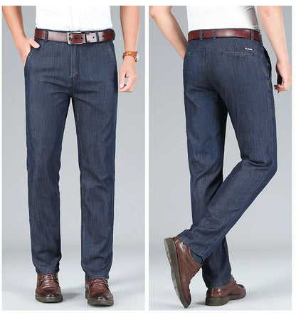 2026 Thin Stretch Denim Business Casual High Waist  High Lyocell  Men's Fit Straight Lightweight Cotton  Light Grey Jeans