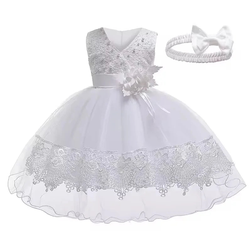 Baby Girl 1st Birthday Baptismal Wedding Dress Princess Dress With Headband Elegant Girls Party Dresses Infant Lace Evening Gown