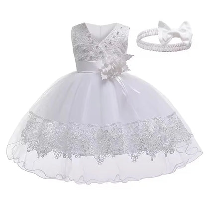Baby Girl 1st Birthday Baptismal Wedding Dress Princess Dress With Headband Elegant Girls Party Dresses Infant Lace Evening Gown