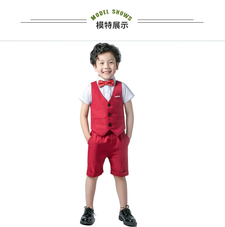 Boys Formal Birthday Photograph Suit Kids Summer Vest Shirt Short Bowtie Wedding Dress Teenager Suit Children Graduation Costume