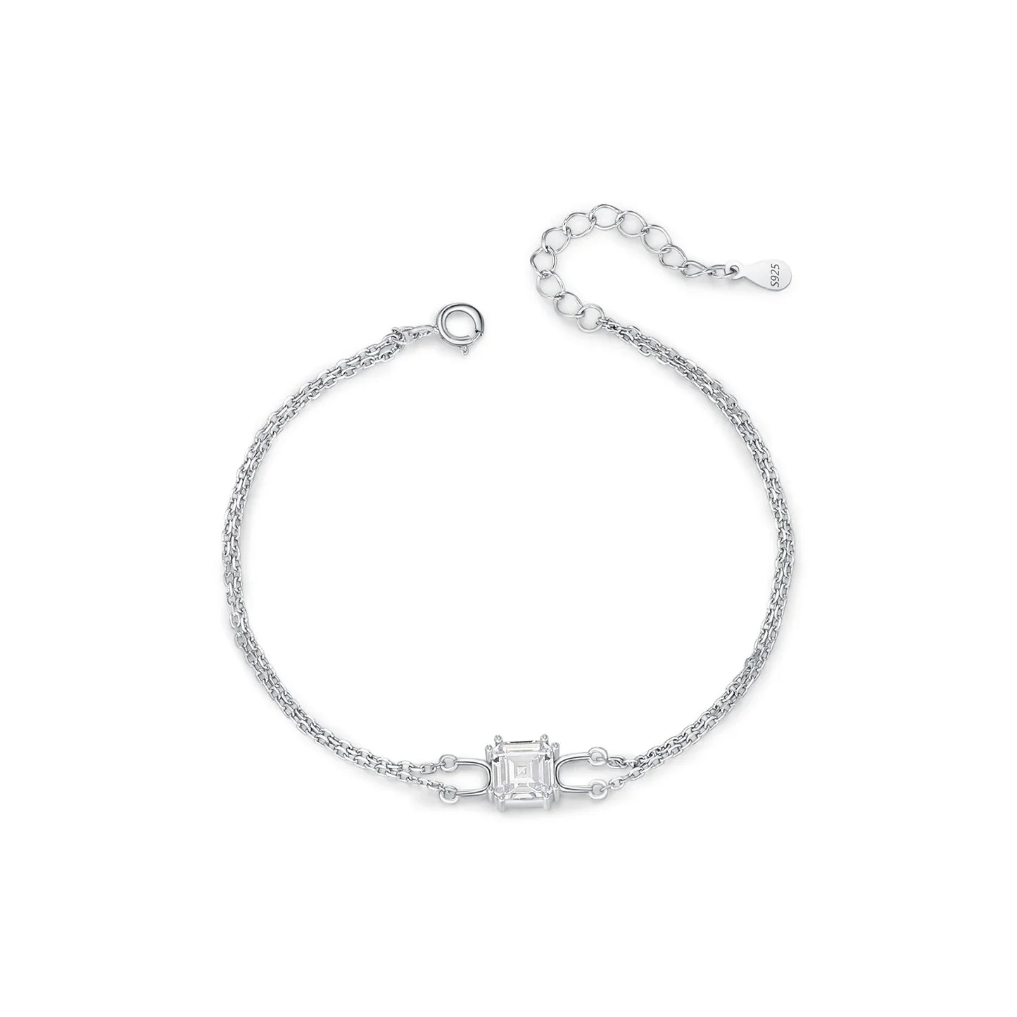 925 Sterling Silver Double Layer Link Chain Bracelet Shiny Square Emerald Cut Wedding Jewelry For Women Anniversary Gift