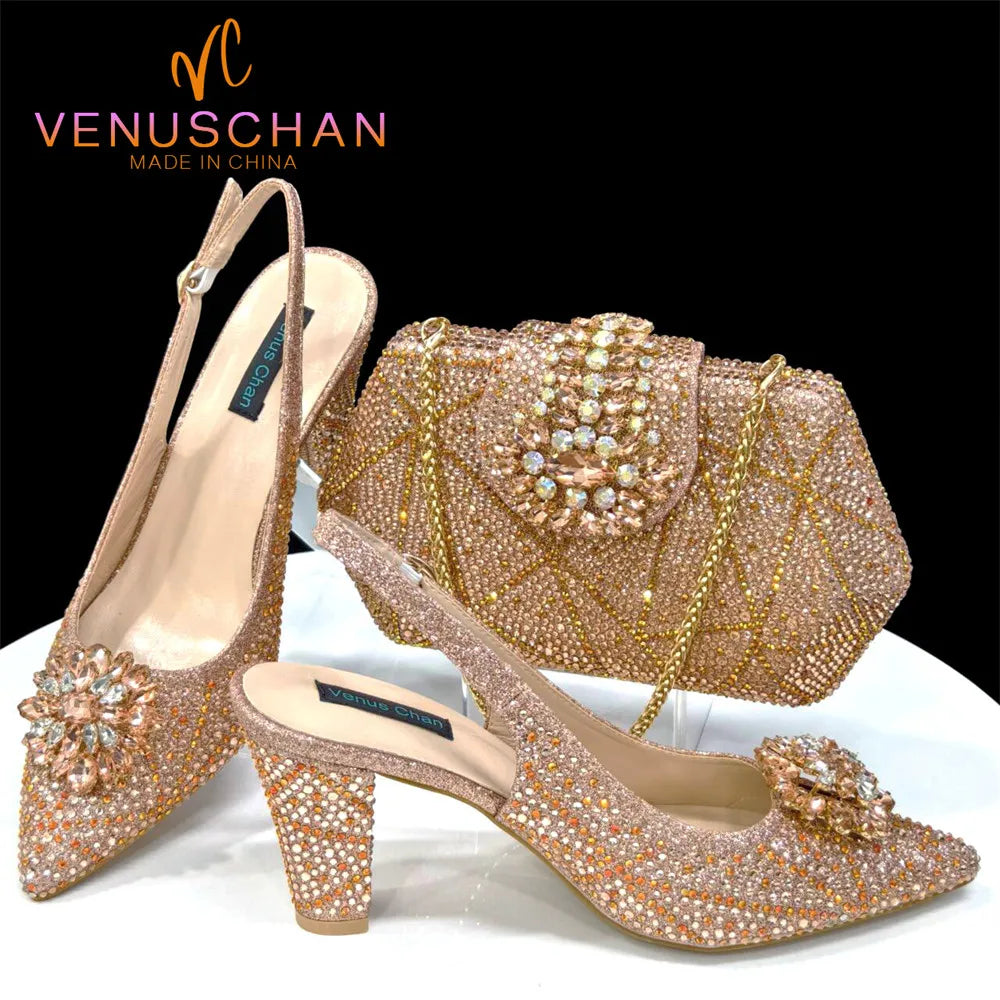 INS Style Green Party Shoe and Bag Set in Women Pointed-Toe Rhinestone High Heels Elegant African Ladies Shoes