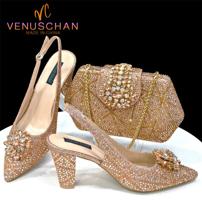 INS Style Green Party Shoe and Bag Set in Women Pointed-Toe Rhinestone High Heels Elegant African Ladies Shoes