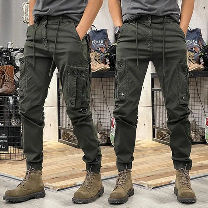 Fashionable men's slim fit work pants, casual loose zipper, multi pocket jogging pants, elastic leg binding pants