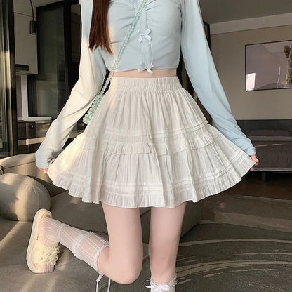Summer Kawaii White Ruflles Skirt Women Fashion Slim Fit Mini Skirts Girls Y2k Versatile Elastic High Waist A-Line Back Faldas